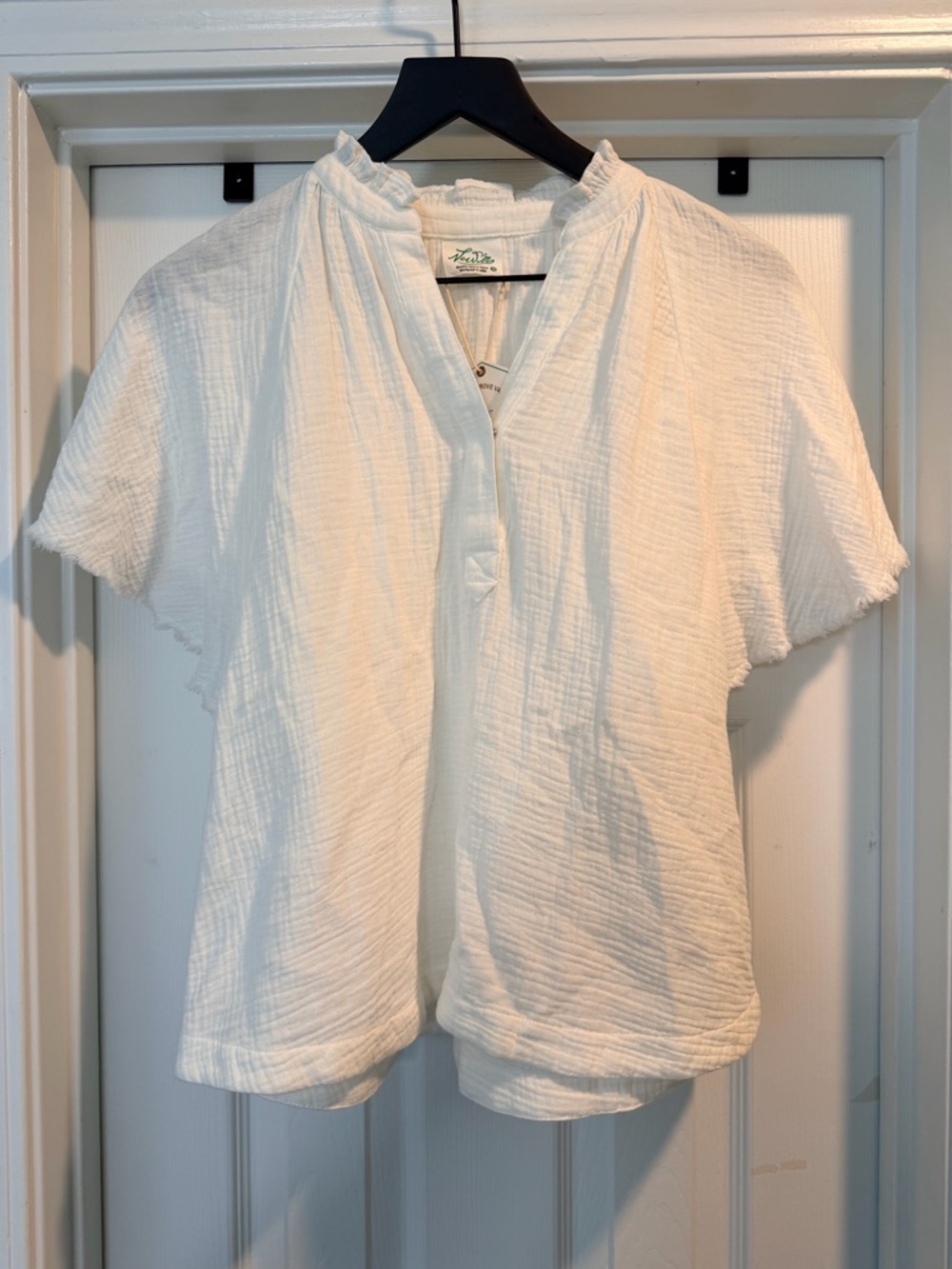 Very J Cream Textured Ruffle-Neck Short Sleeve Top